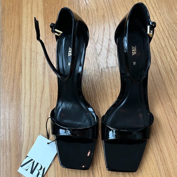 NWT Zara Black Patent Leather Wedge Sandals (Size 38/7.5) - Picture 9 of 10